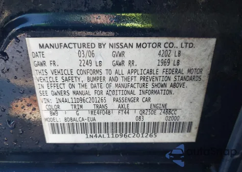 2006 Nissan Altima 2.5 S из США, поврежденный, VIN 1N4AL11D96C201265